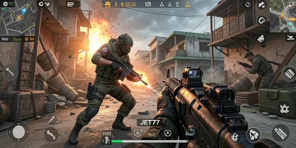 Tampilan gameplay menegangkan dalam JET77, aksi seru di arena tempur.
