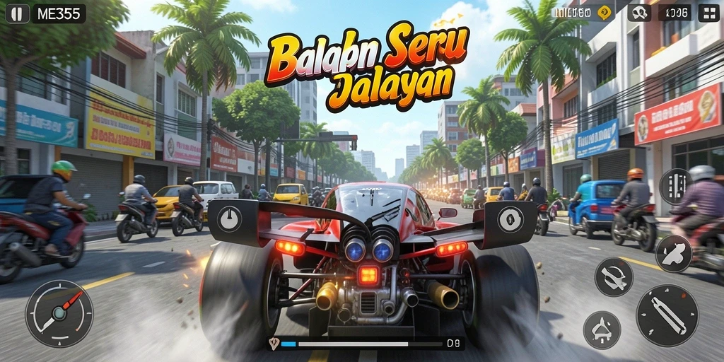 Screenshot dari gameplay seru ME355 yang penuh aksi balapan.