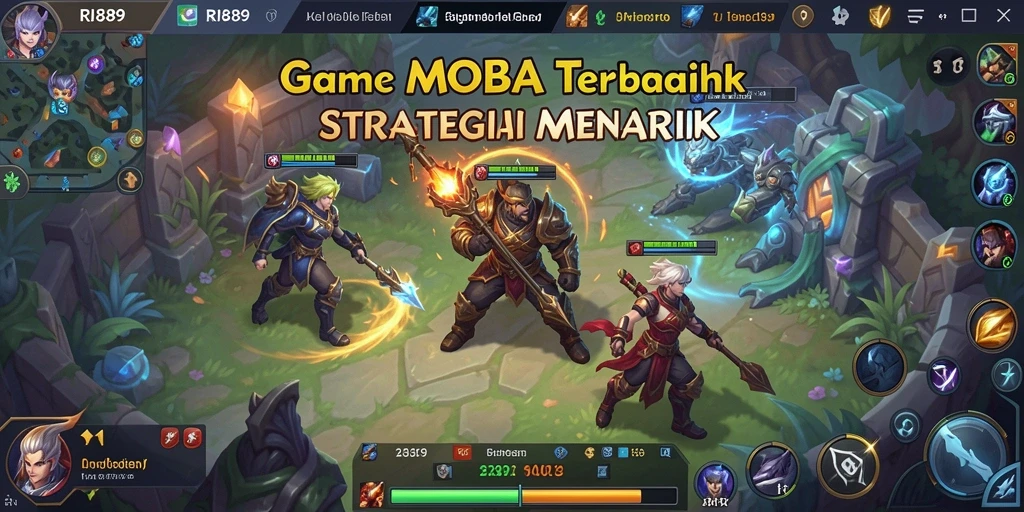 Screenshot utama RI889 menunjukkan aksi seru di arena pertempuran MOBA.