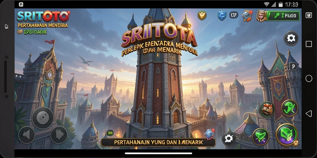 Skrinsut gameplay menampilkan aksi menara pertahanan yang intens.
